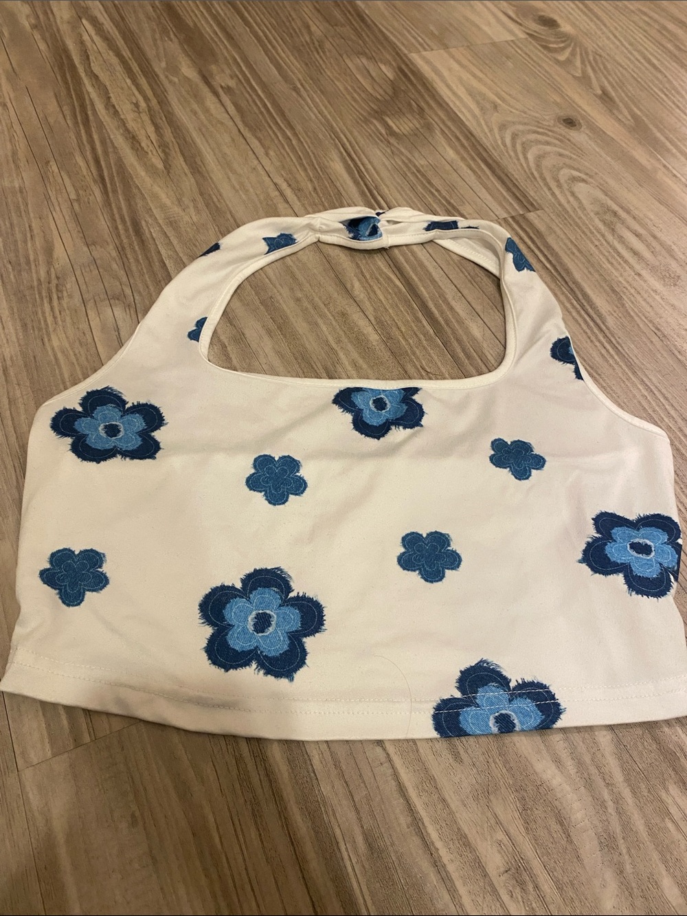*TRENDY* SHEIN Cream Halter Crop Top with Blue Flower Embroidery Printed